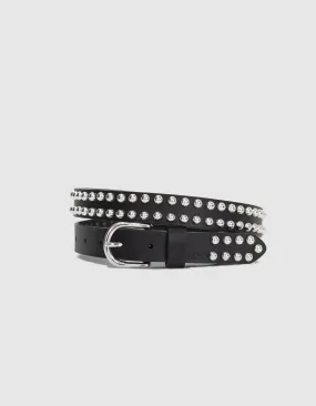 Black leather studded waist belt for women denim