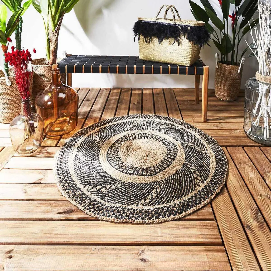 Black Printed Round Jute Rug | 3 Suisses