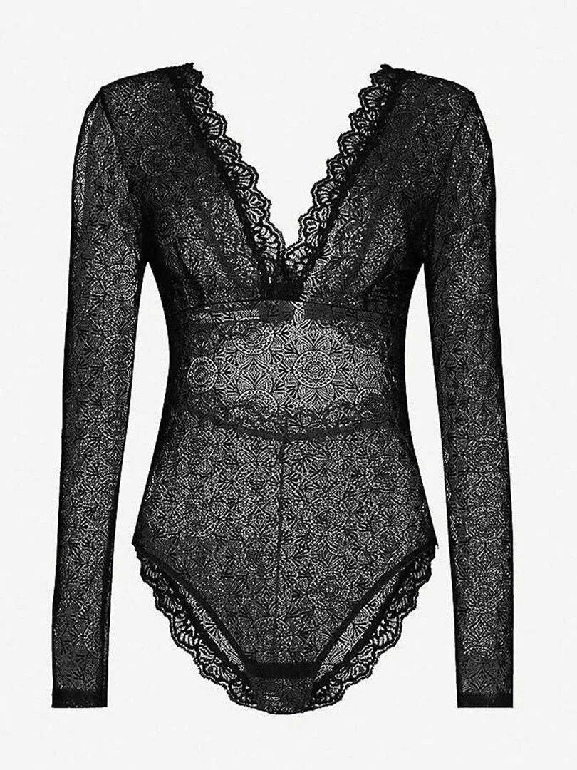 Eco-friendly Vegan Lace Bodysuit Fabienne in Recycled Black - Oeko-Tex