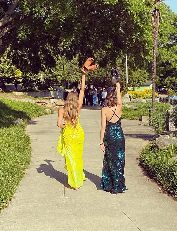 Yellow Spaghetti Strap Open Back Bodycon Prom Dress
