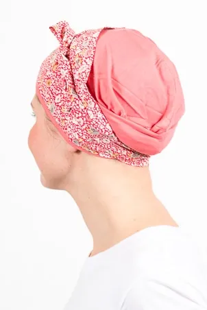 Cerise Floral Liberty Headscarf and Matching Cap
