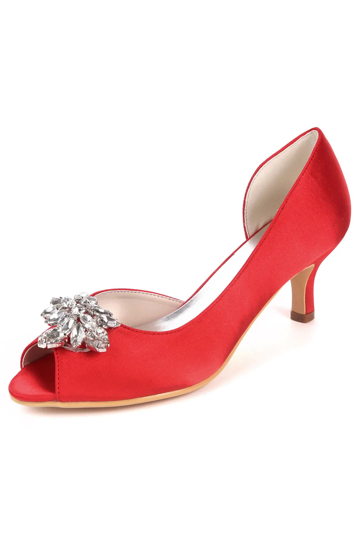 Champagne asymmetrical low heel wedding shoes.