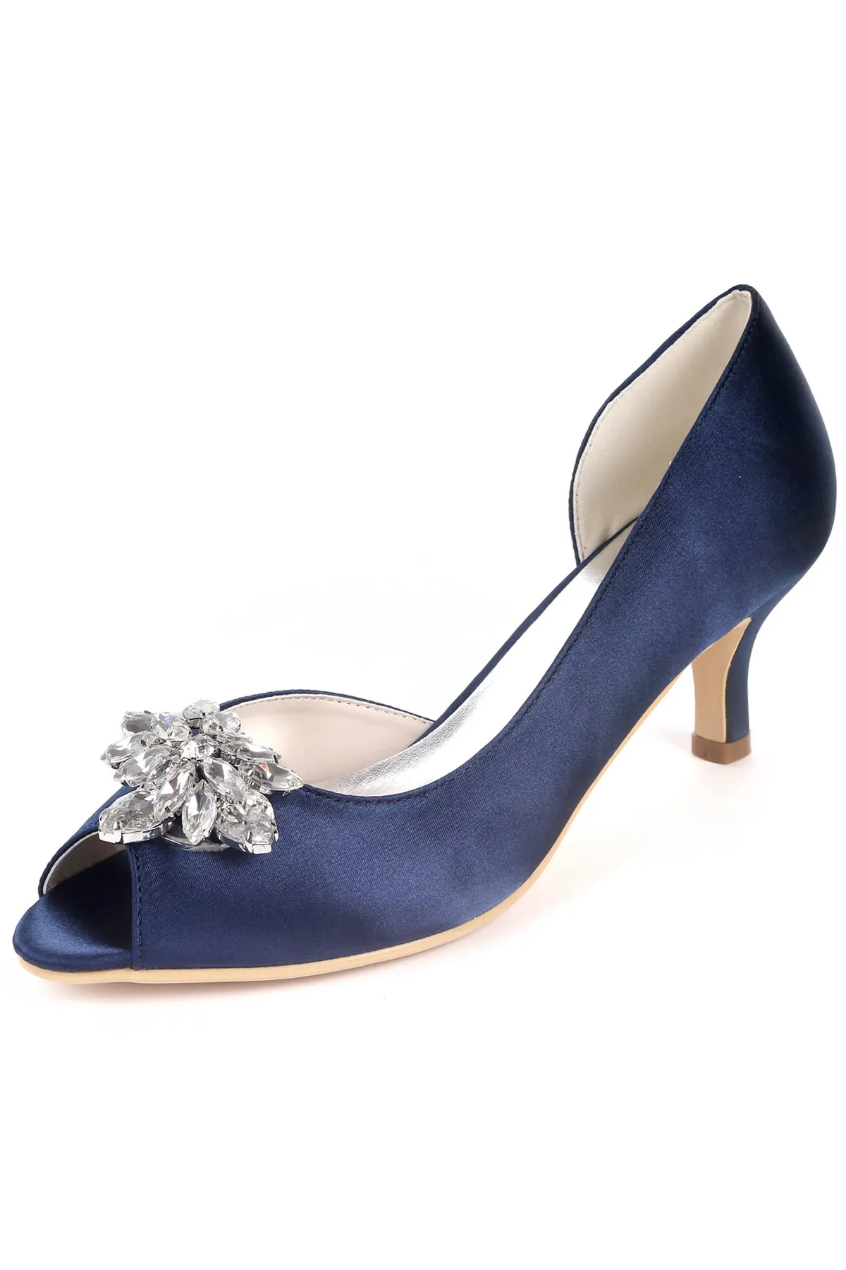 Champagne asymmetrical low heel wedding shoes.