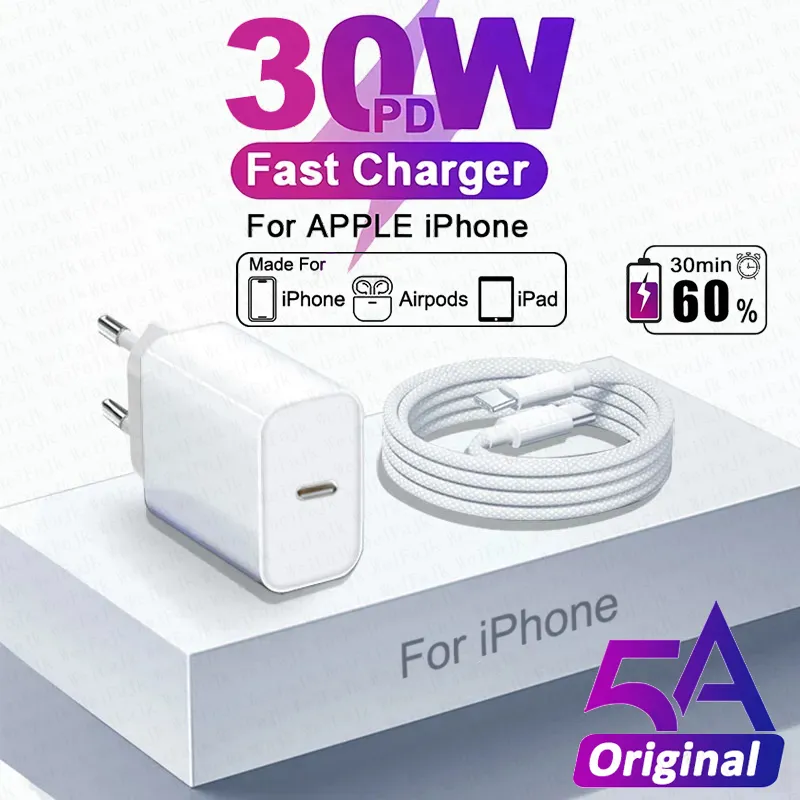 Chargeur rapide Apple Original PD 30W pour iPhone 15 14 13 12 11 Pro Max Mini X XS XR 8 Plus Câble de charge rapide de type C AI
