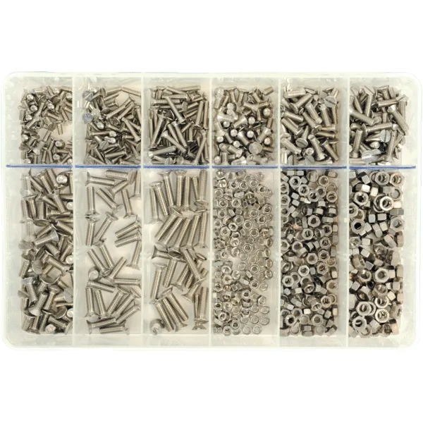 Coffret de 850 vis à tête fraisée fendue et écrousDIN 936 + DIN 934, inox A2