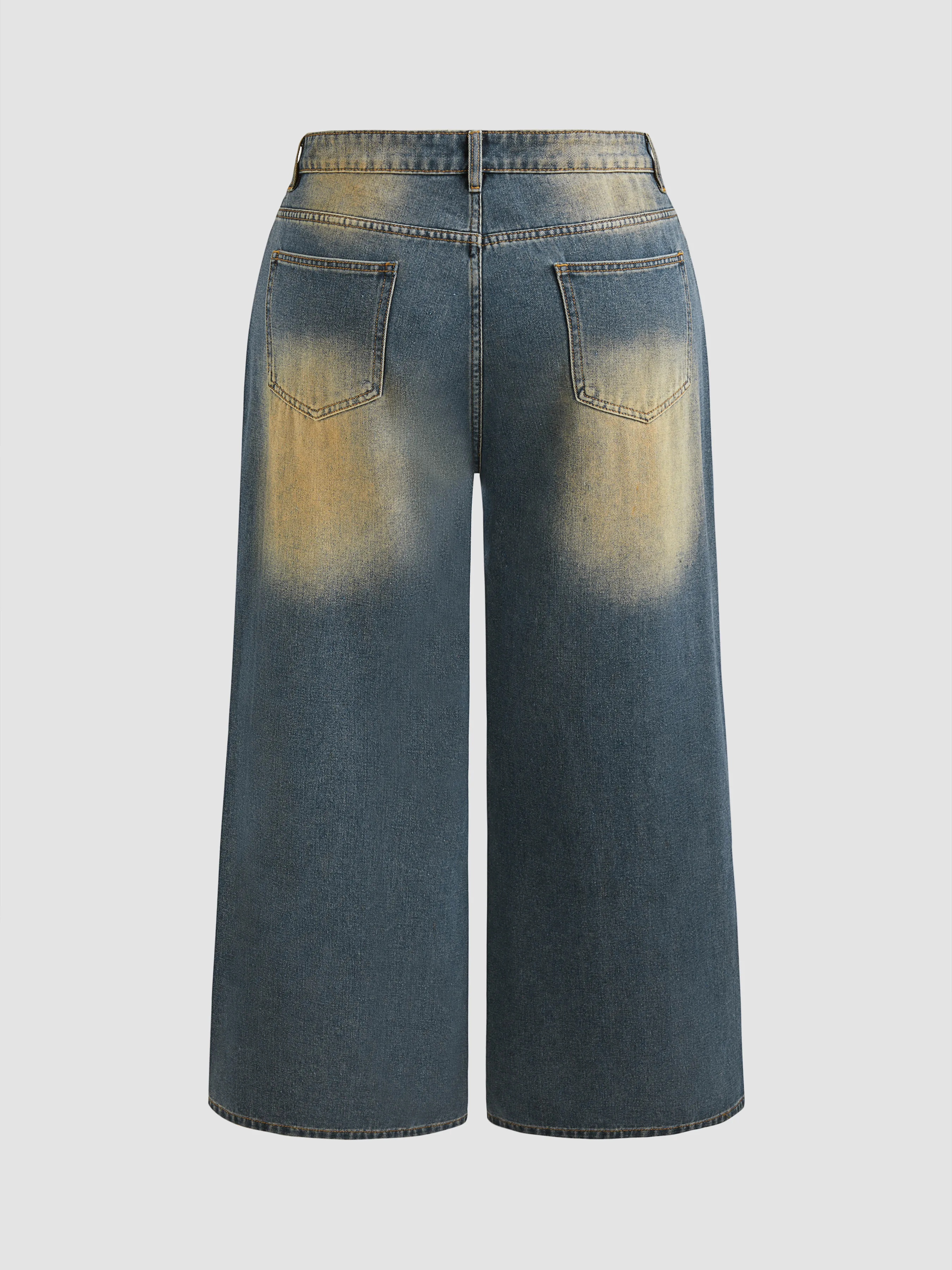 Curve & Plus Denim Wide Leg Jeans with Buttoned Pockets and Mid-Rise Waist in Washed Denim