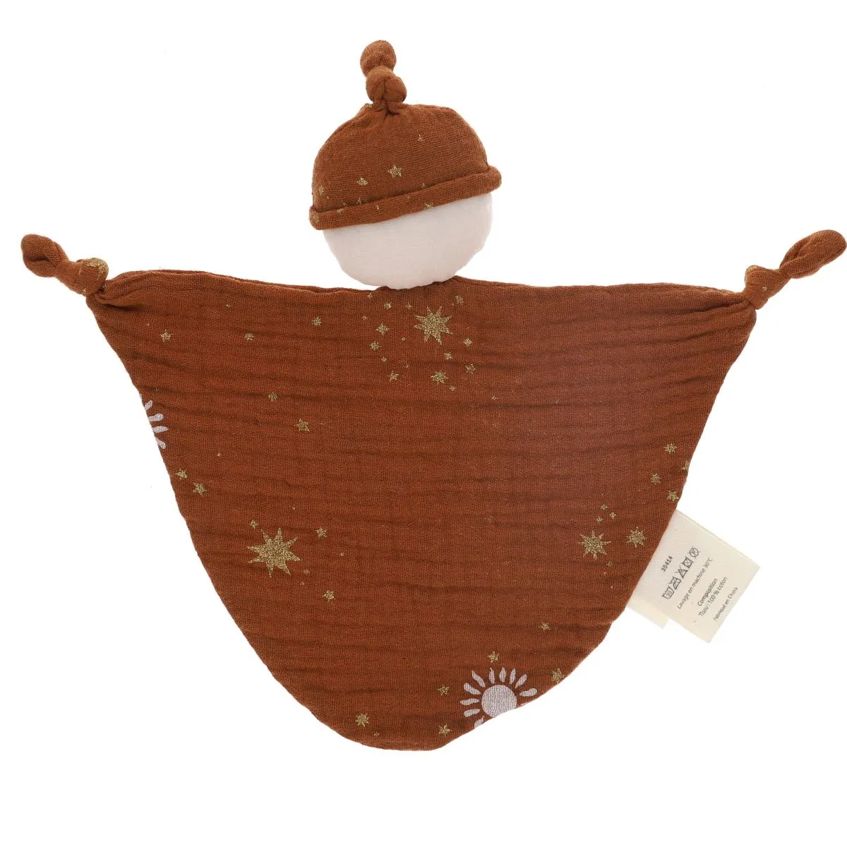 Doudou plat Monsieur marron et étoiles - Curiosité du ciel Jolie saison - Le petit Souk - Soft brown flat cuddly toy with stars 