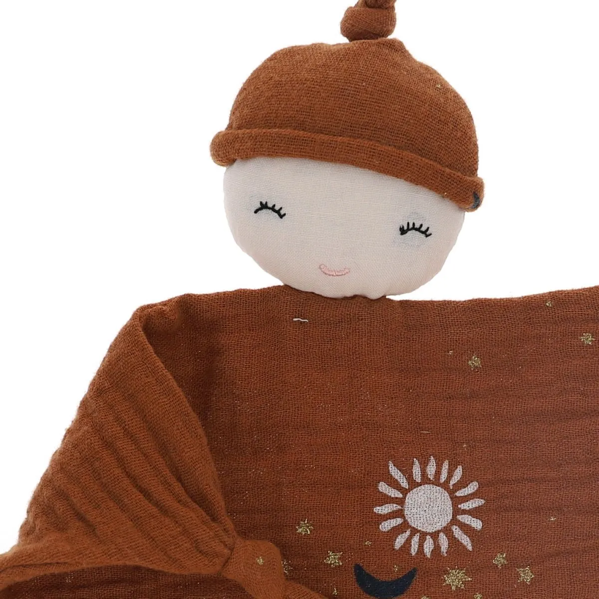 Doudou plat Monsieur marron et étoiles - Curiosité du ciel Jolie saison - Le petit Souk - Soft brown flat cuddly toy with stars 