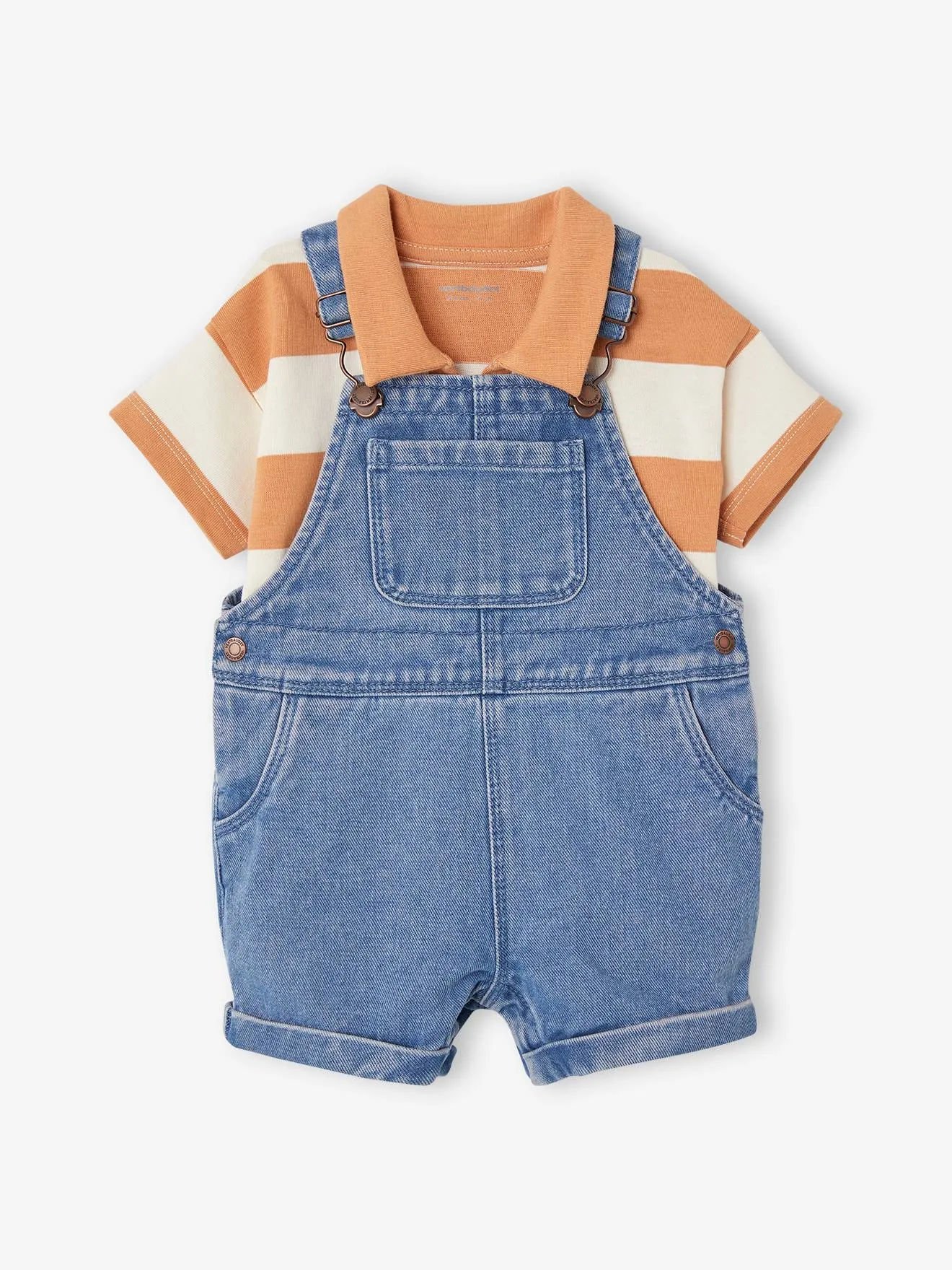 Ensemble bébé salopette courte en denim et son polo rayé pêche - Vertbaudet