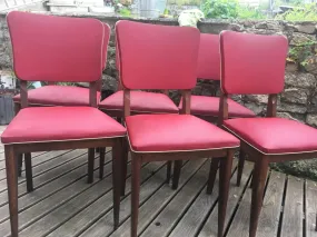 ENSEMBLE DE 6 CHAISES VINTAGE EN CHÊNE MASSIF ET SKAI ROUGE 