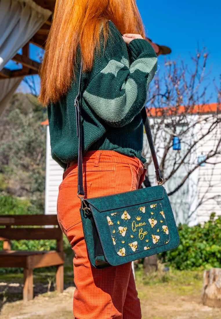 Femme Cuir Vegan Vert Sac à main - Queen Bee Motif