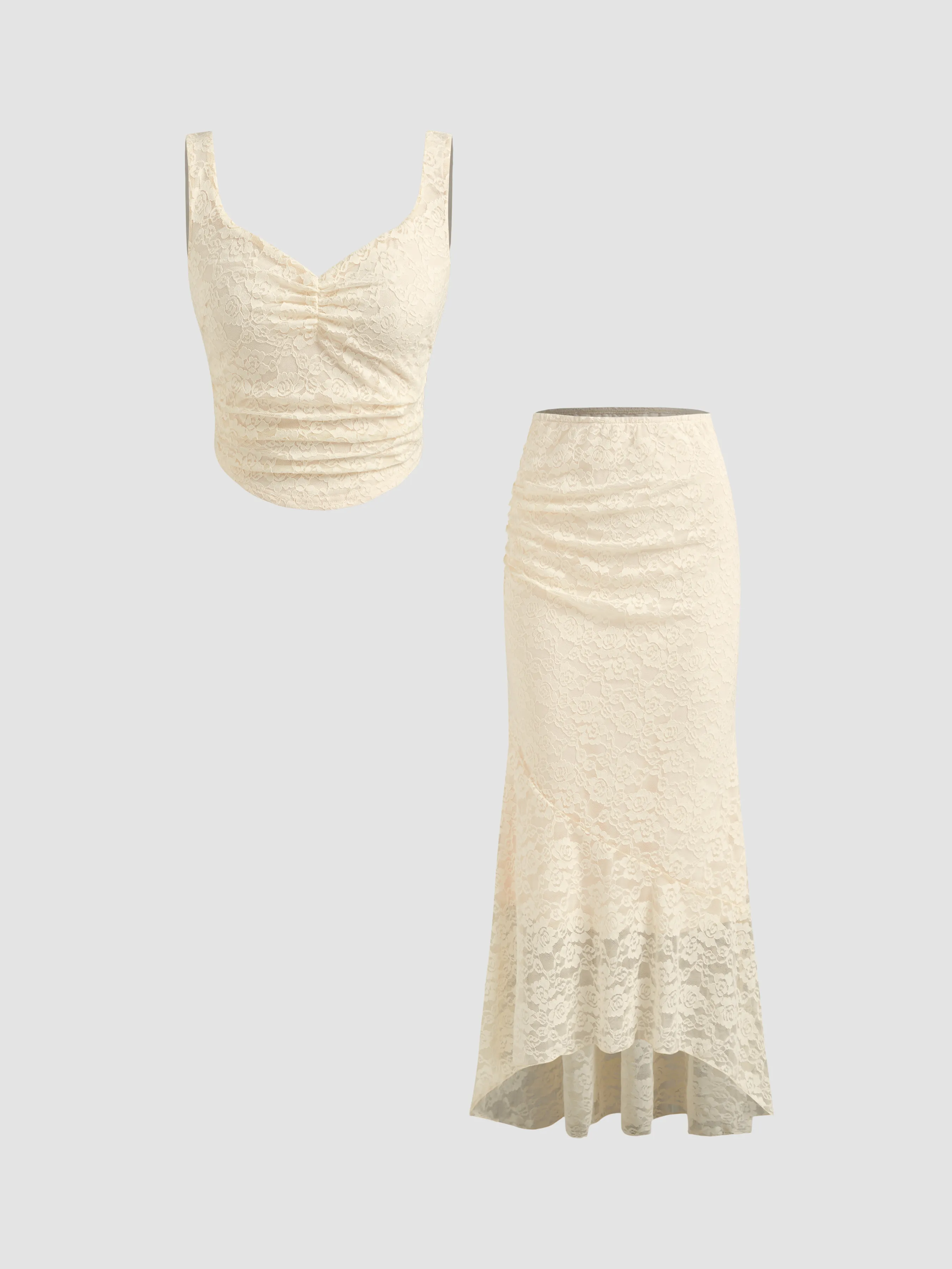 Lace Top with V-Neck and High-Waisted Ruffled Maxi Skirt with Lacing