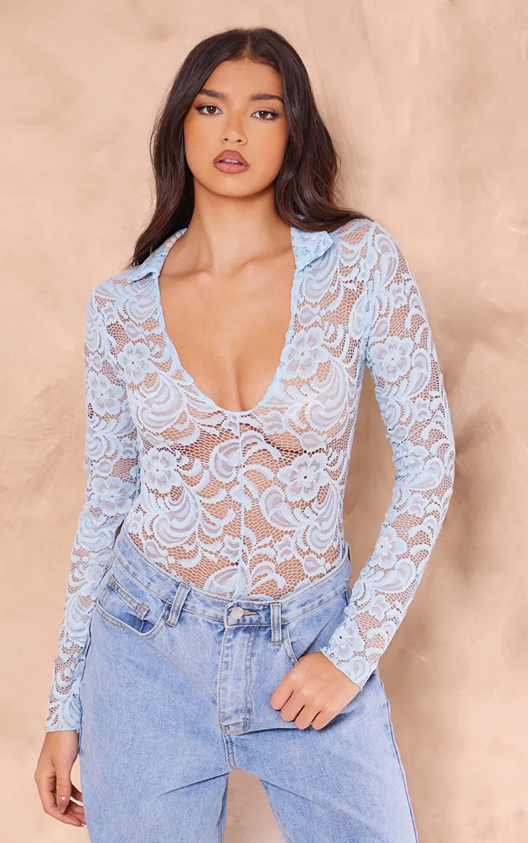 Light blue lace body with V-neck and long sleeves.