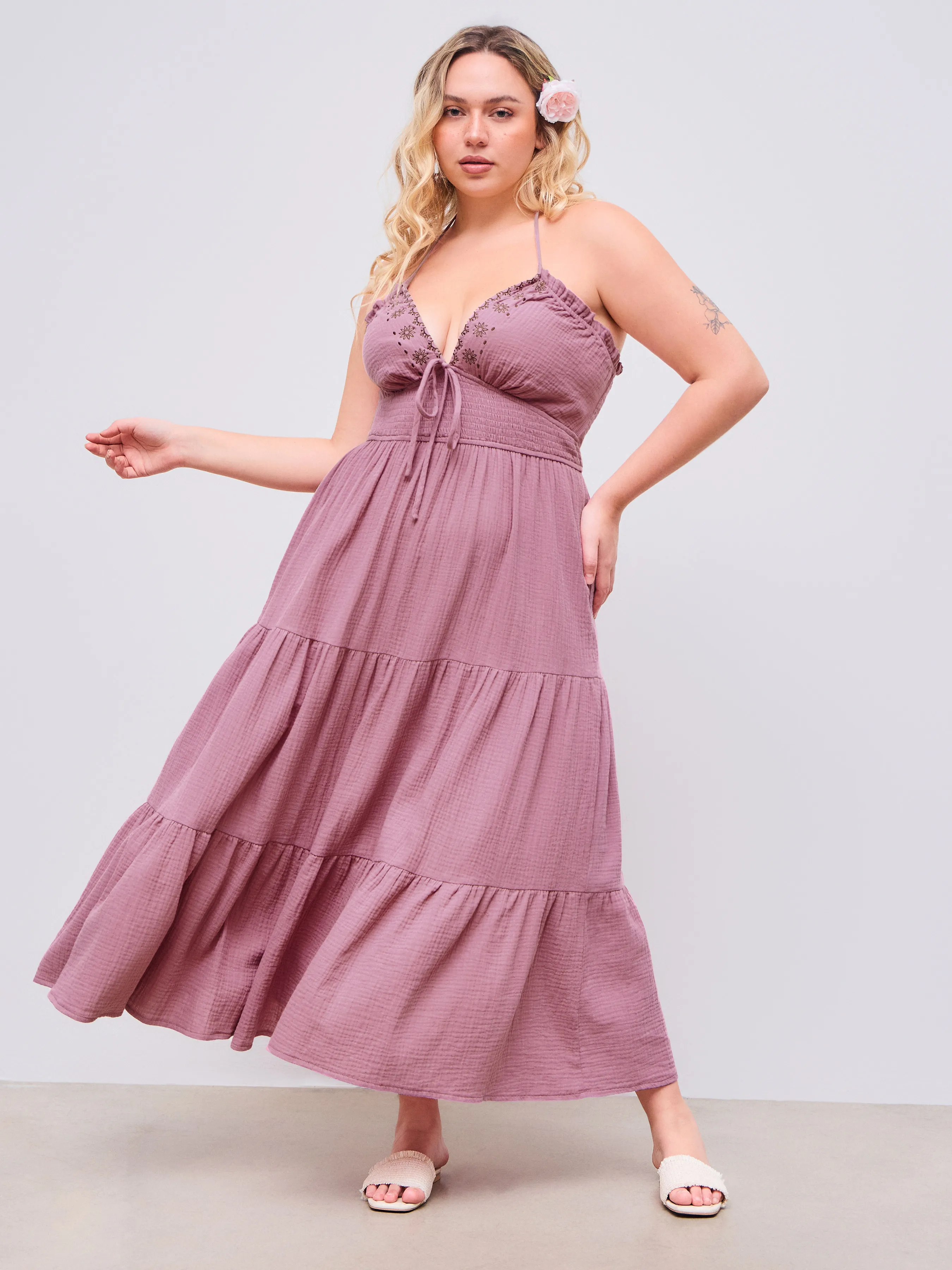 Long Maxi Dress with Layered Ruffles, Embroidery, and Halter Neckline for Curvy & Plus Size
