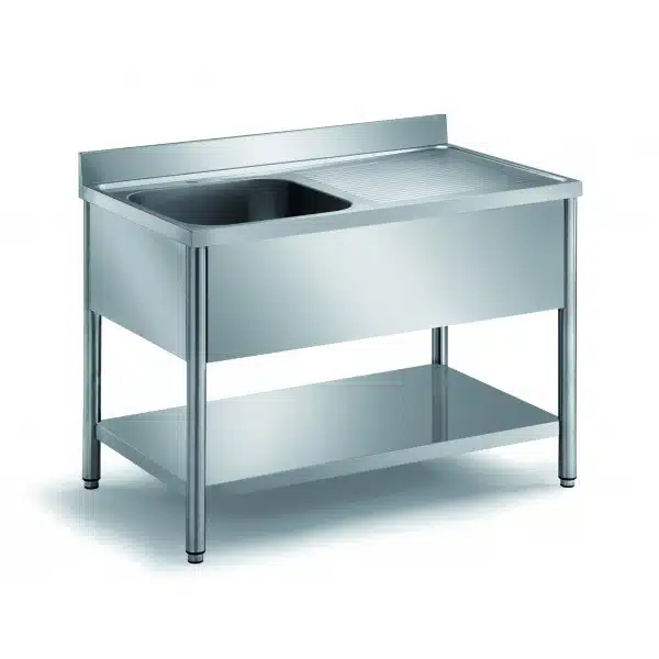 Plonge démontable sur pieds ronds avec étagère inox ferritique 1 bac profondeur 700 mm longueur 1200 mm