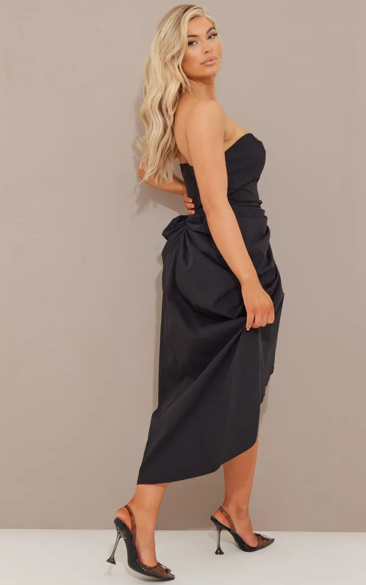 Black Knit Midi Dress with V-Bar Neckline and Ruching