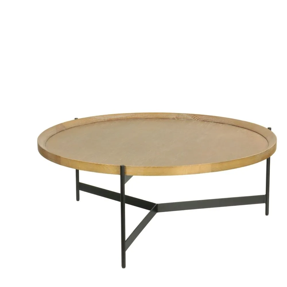 Round cerused oak and black metal coffee table, 102 cm