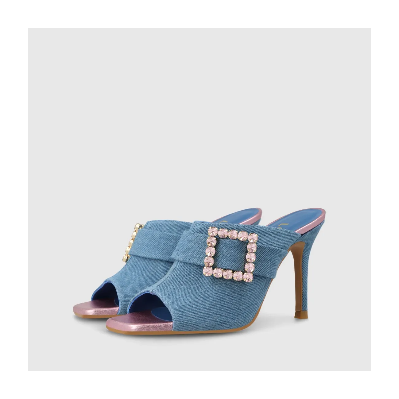 Blue denim fabric women's high-heeled sandal with rhinestone buckle. I LODI Women's Shoes Online.