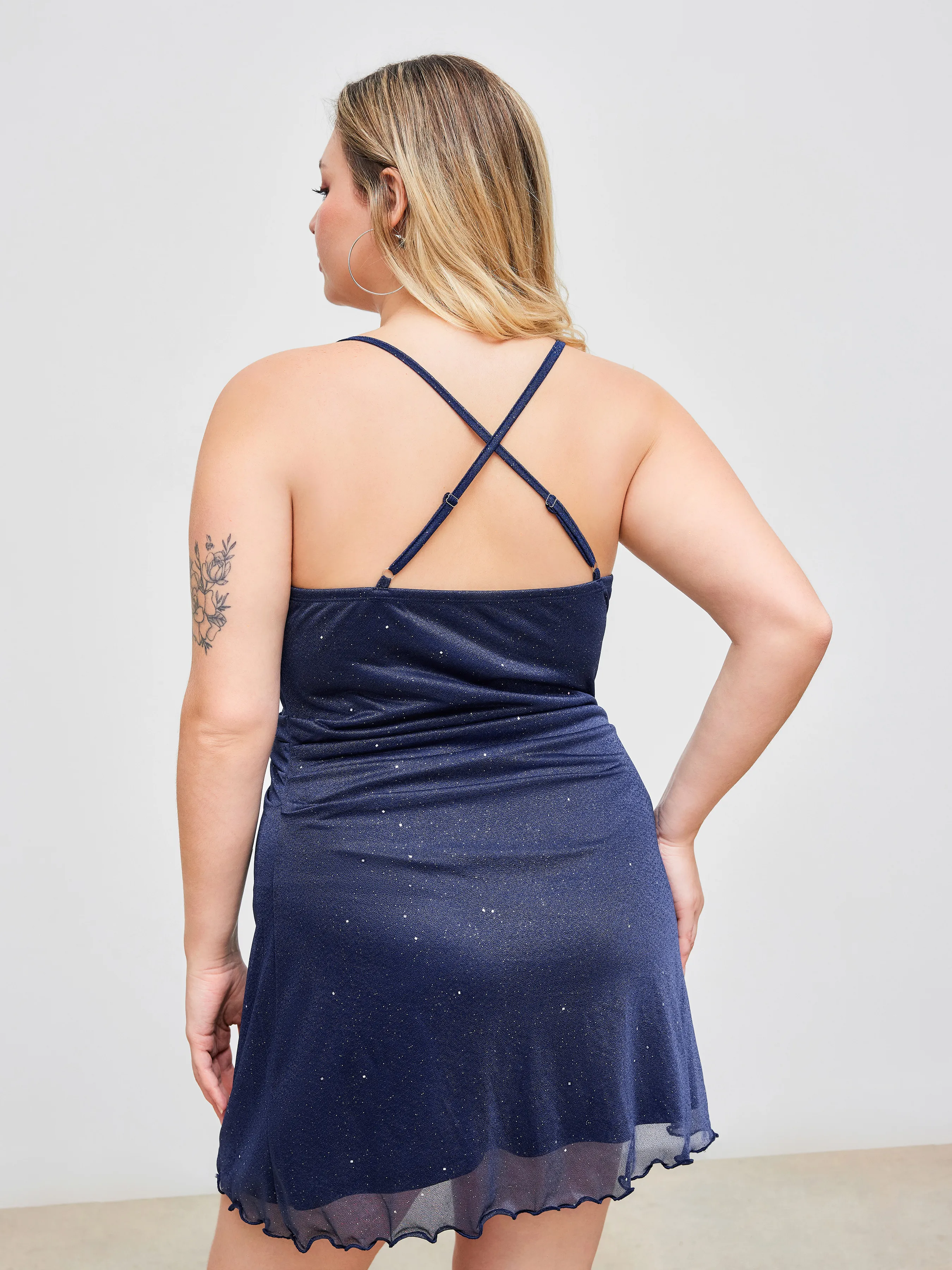 Sequin Mini Dress with Mesh Cowl Neck, Ruching, and Ruffle Trim - Curve & Plus