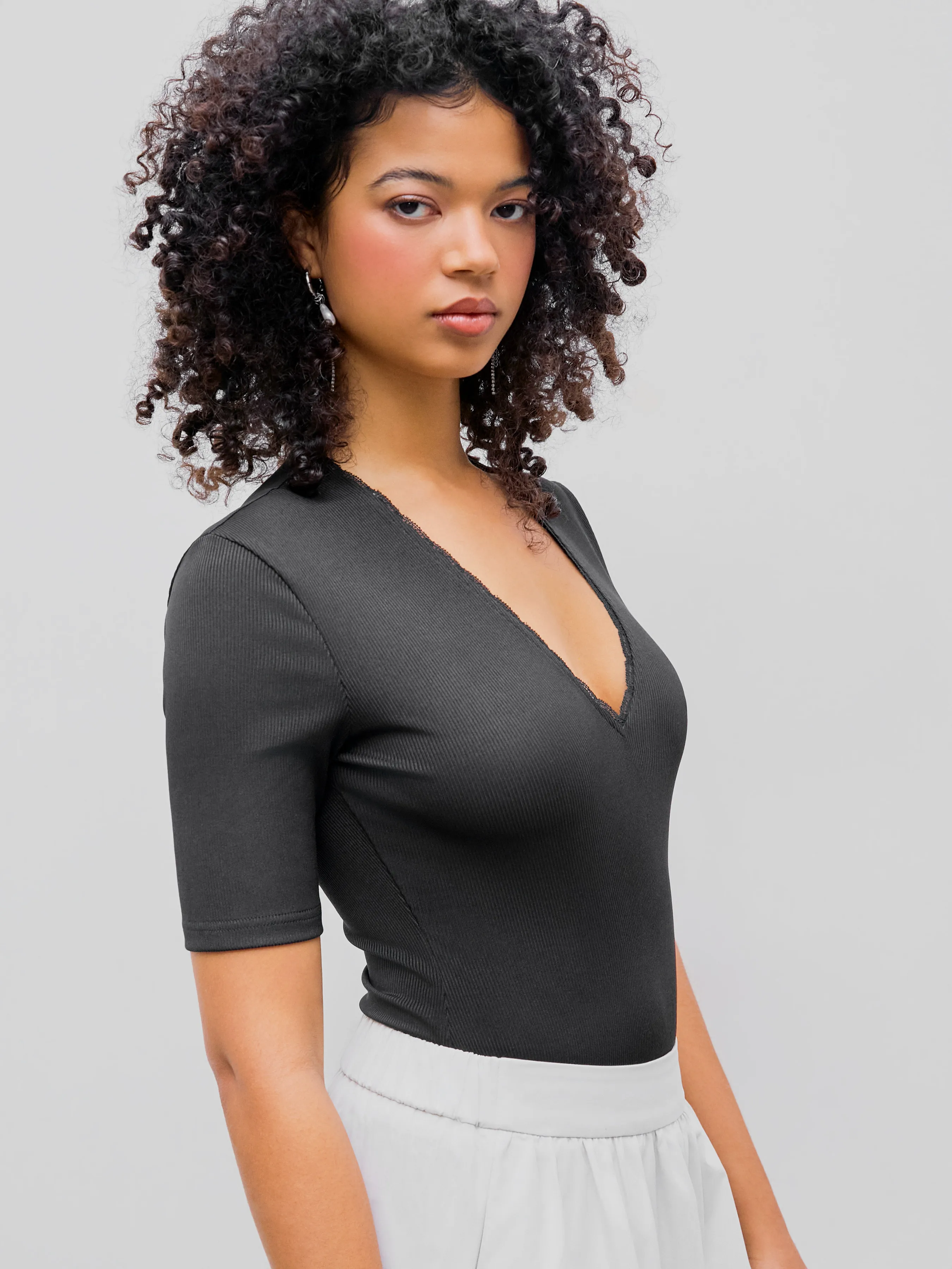 Solid Lace Bodysuit with V-Neck Mesh Top
