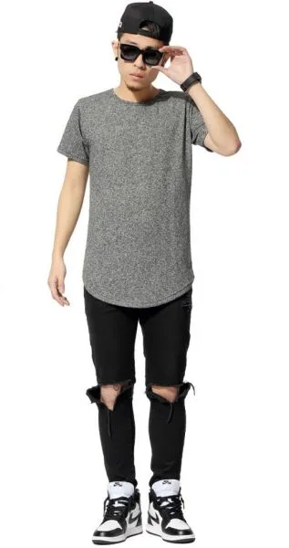 T shirt Long Swag Homme avec Bas Arrondi Gris Poivre Sel