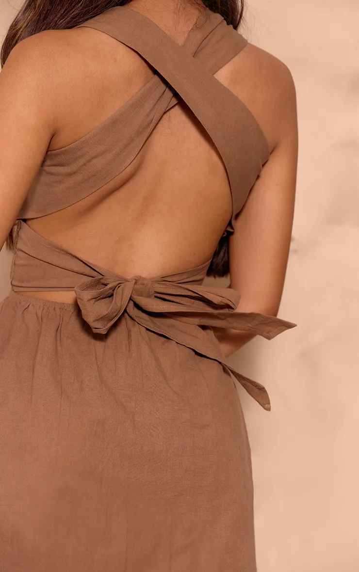 Taupe Straight Dress with Ruching and Cross-Back