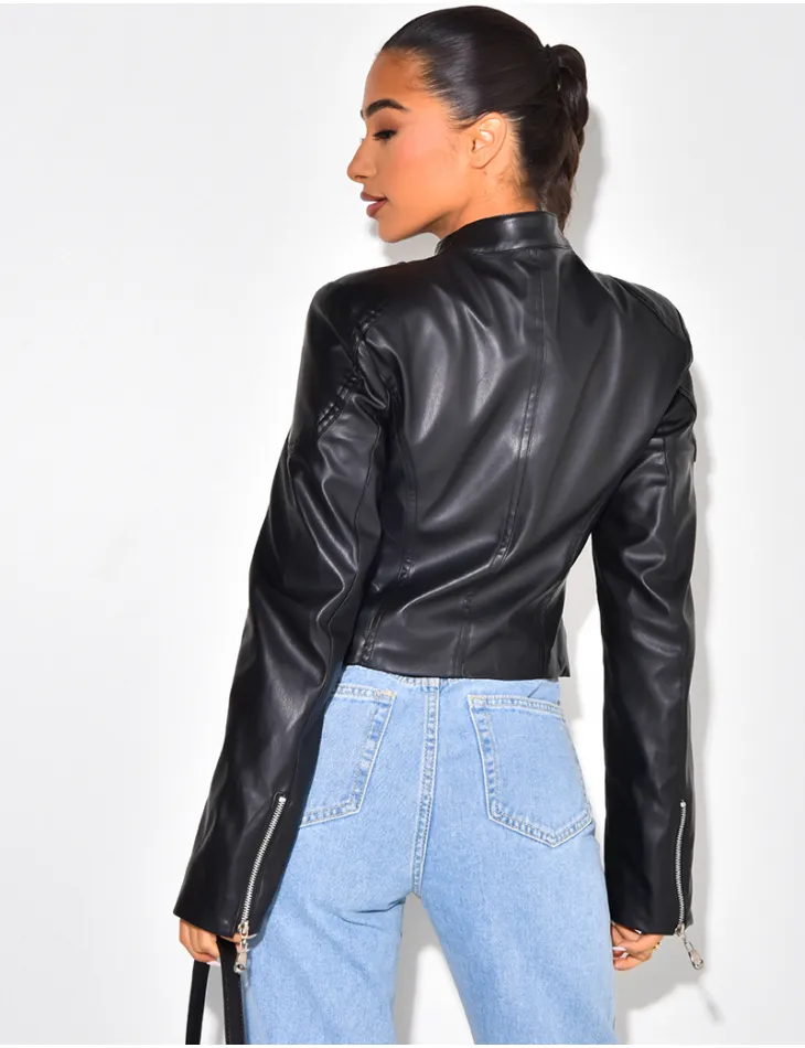 Vegan leather biker style short jacket / 49223 - JEANS INDUSTRY