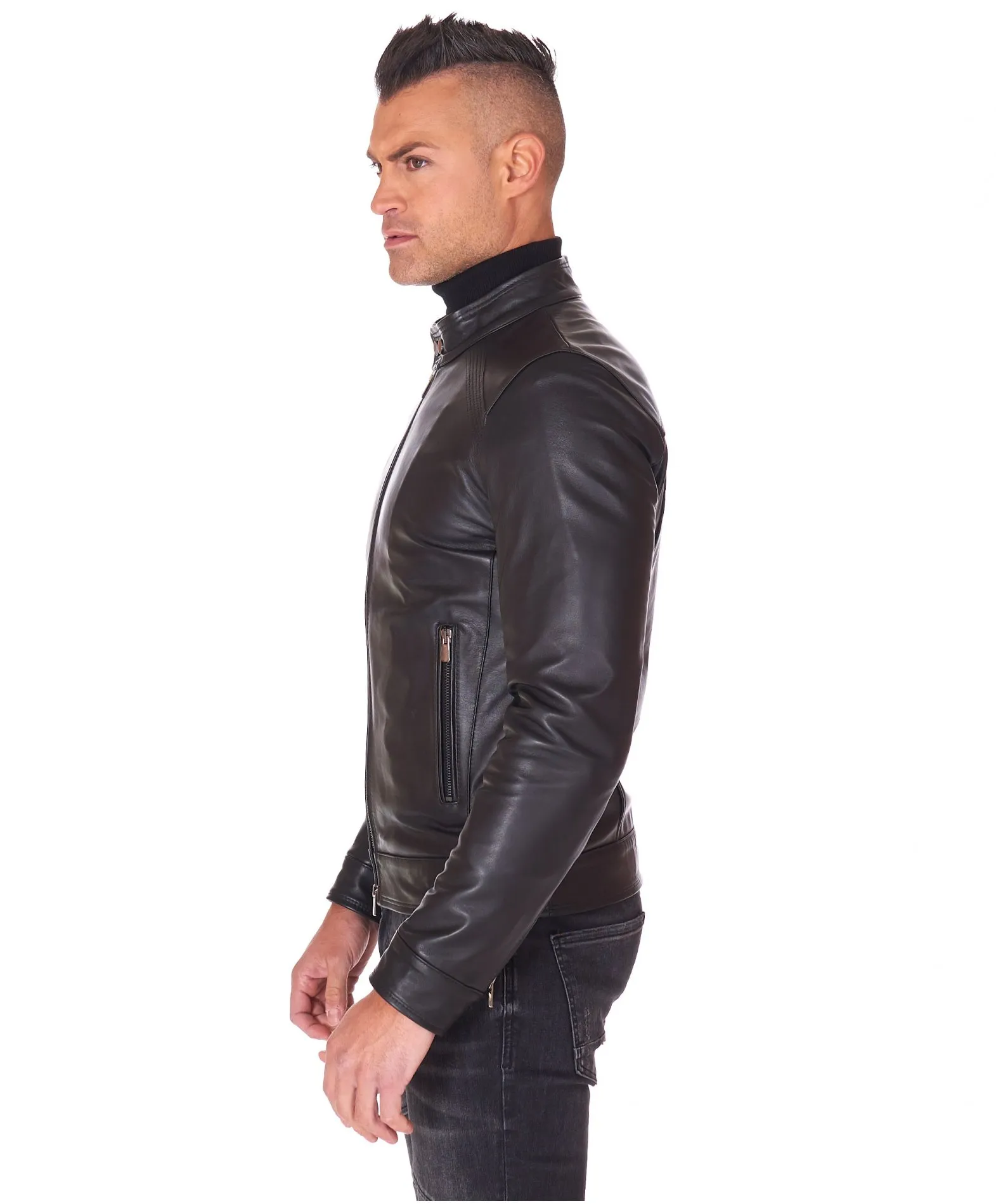 Men's Black Leather Biker Jacket Emy - Soft Lambskin Leather