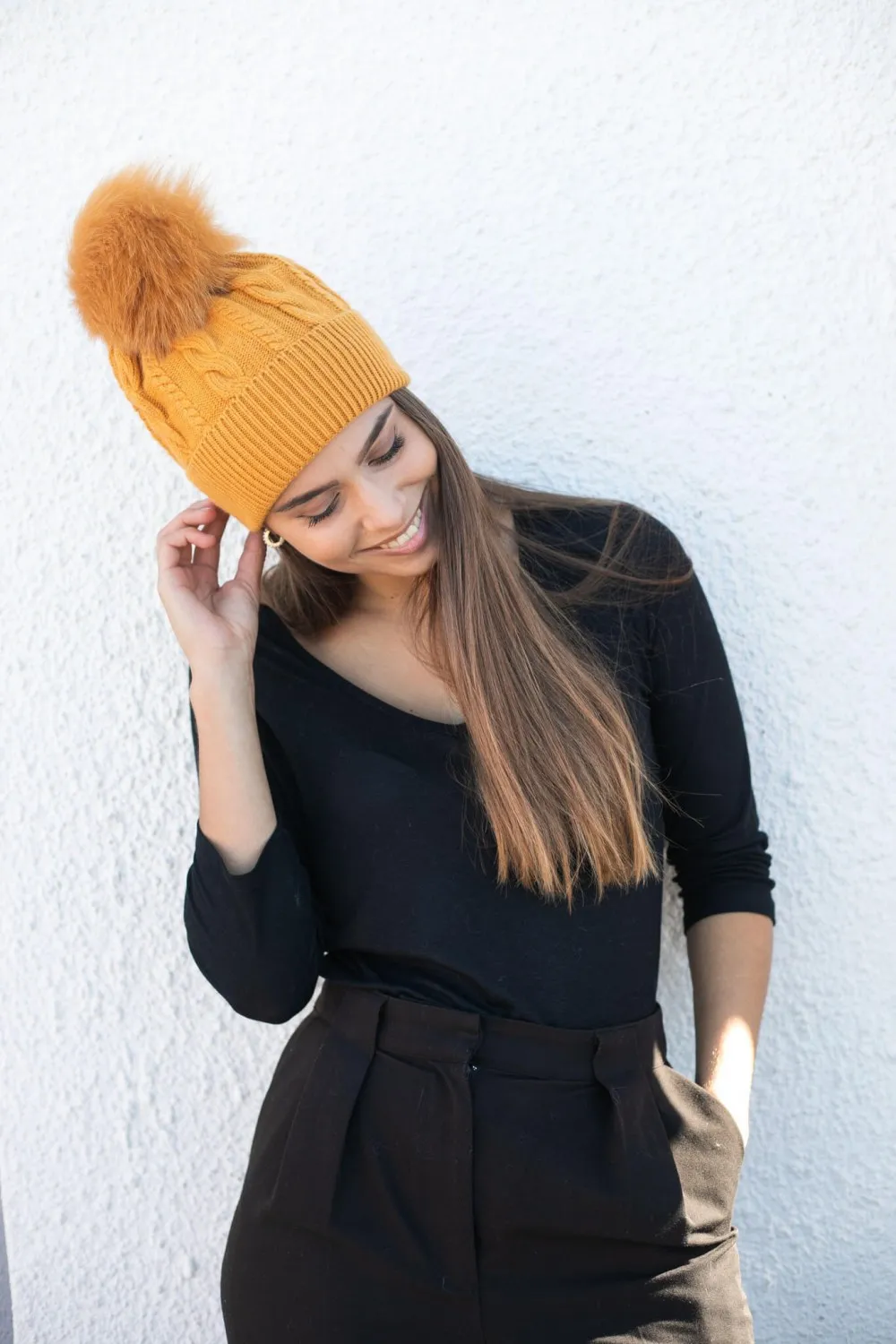 Warm Cashmere Beanie with Fur Pom Pom, Cesare Nori Collection - MUSTARD BEANIE 06034 | Cesare Nori