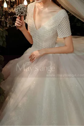 White High Neck Plaid Wedding Ceremony Dress with Short Sleeves